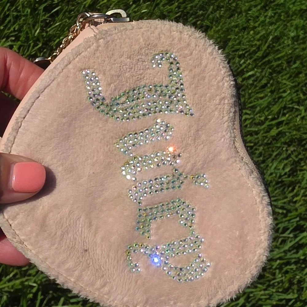 Juicy Couture Heart Coin Purse Pink Rhinestone Faux Fur Y2K Wristlet Pouch
